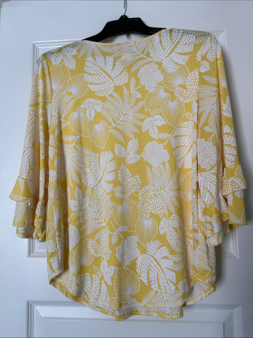 Ruby Rd. Yellow and White Tropical Print Ruffle-Sleeve Top - Picture 6 of 6